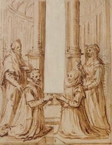 Two Kneeling Donors In A Church, Each Presented By A Standing Saint - view 1