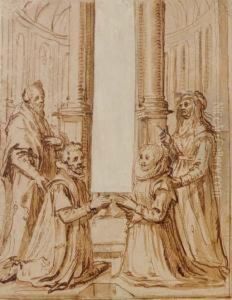 Two Kneeling Donors In A Church, Each Presented By A Standing Saint by Jan Phillipsz Van Bouckhorst