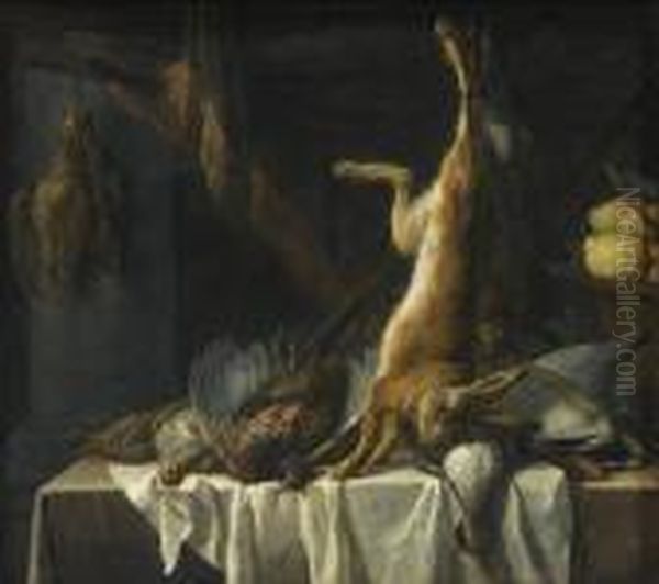 A Still Life With A Dead Hare, A Duck, A Pheasant And Poultry On A Table Draped With A White Cloth, Together With A Basket With Fruit - view 1