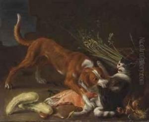 A Dog And A Cat Fighting Over A Basket Of Meat by Pieter Van Boucle