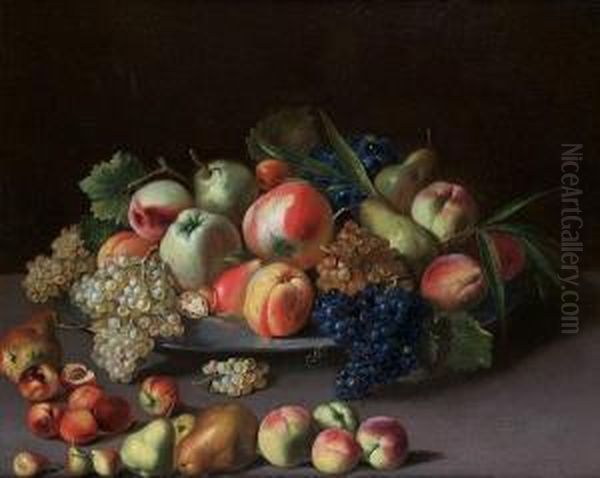 Apples, Pears, Grapes And Peaches On A Pewter Dish On A Table Top - view 1