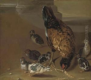 A Hen And Her Chicks by Pieter Van Boucle