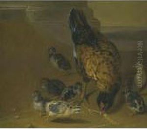 A Farmyard Scene With A Hen And Her Chicks, A Landscape Beyond by Pieter Van Boucle