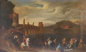 Veduta Di Ponte Nomentano A Roma Con Figuree Scenetta Di Mercato by Peeter van Bredael