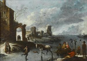 A Horse-drawn Sleigh And Skaters On A Frozen River by Peeter van Bredael
