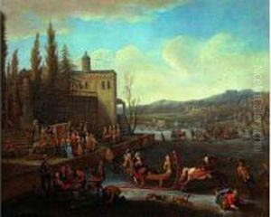 Promeneurs Et Traineaux Sur Une Riviere Gelee Sous La Terrasse D'un Palais Classique