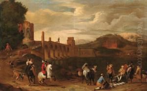 Veduta Ideata Di Ponte Milvio Con Cavalieri E Venditore Di Pesce by Peeter van Bredael