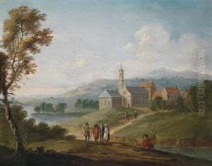 A River Landscape With A Village Andtravellers