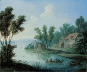 Flusslandschaft Mit Ruderboot Und Gehoft