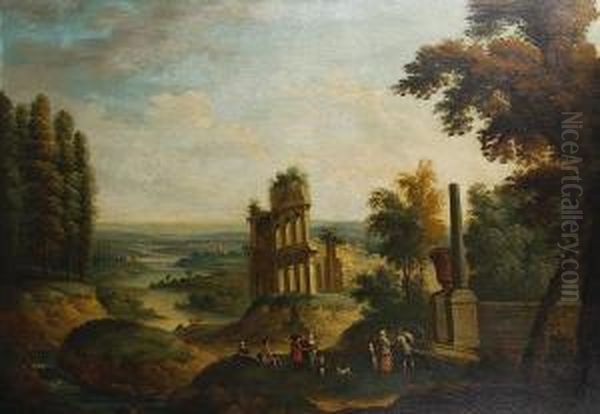 Figures Before An Obelisk In An Italianateriver Landscape, With Ruined Buildings In The Distance - view 1