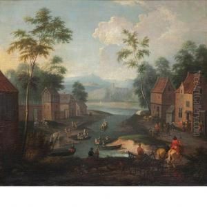 Landscape Withfigures In A Village Beside A River