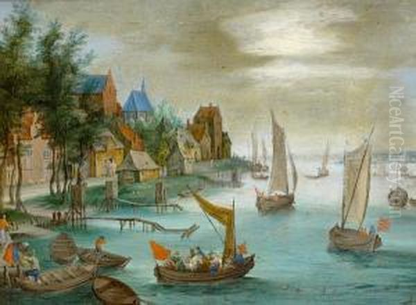 Figures Disembarking Boats Before A River Landscape - view 1