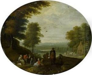 Figures On Their Way To Market Resting On A Country Path, A Wooded Landscape Beyond by Joseph van Bredael
