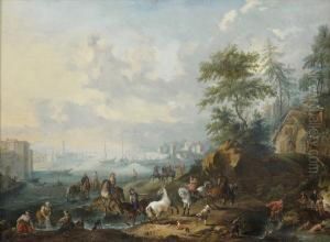 Paysage De Riviere Avec Une Scene De Dressage De Chevaux