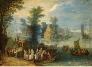 An Extensive River Landscape With Boats By A Village And Travellerson The River Bank by Joseph van Bredael