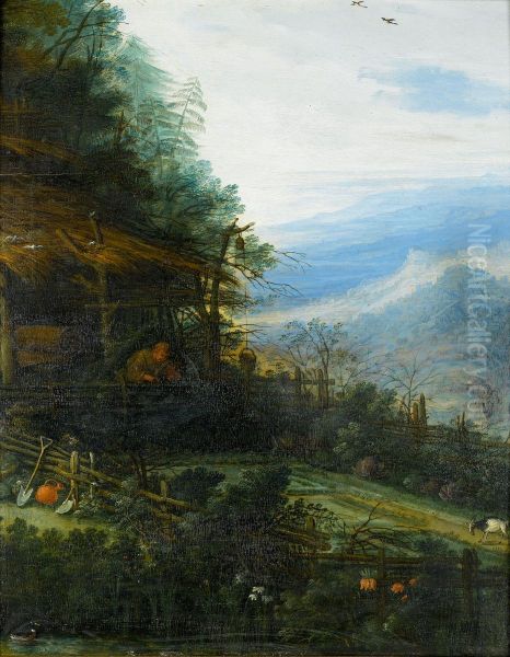 A Mountainous Landscape With A Figure Reading Before A Cottage by Joseph van Bredael
