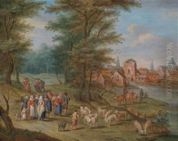 An Elegant Group On A Path Along The Banks Of A River - view 1