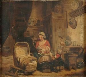 Interior Scene, With A Mother Suckling A Child by Jos Van Bree
