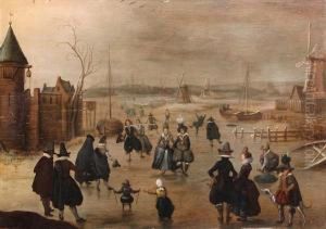 Elegant Skaters On A Frozen River By Afortified Castle, At Dusk by Adam van Breen