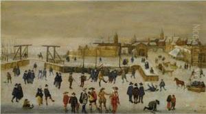 Winter Landscape With Elegant Figures Skating And Conversing On Theice Outside The Walls Of A Dutch Town by Adam van Breen