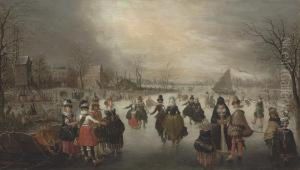 A Winter Landscape With Elegant Skaters On A Frozen Lake by Adam van Breen