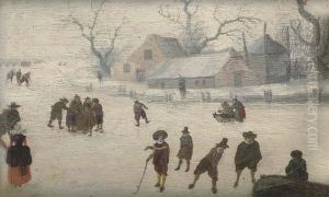 A Winter Landscape With Figures Skating And Playing Kolf On A Frozen River by Adam van Breen