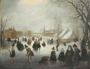 A Winter Landscape With Elegant Figures Skating And Playing Kolf On A Frozen River, A Town Beyond by Adam van Breen