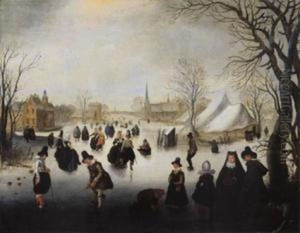 Hollandische Winterlandschaft Mit Eislaufern Und Kolfspielern - view 1