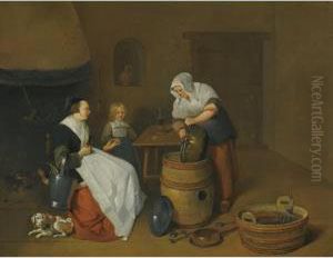 A Woman Talking With Her Maid In A Kitchen Interior With A Child, A Dog And A Fire