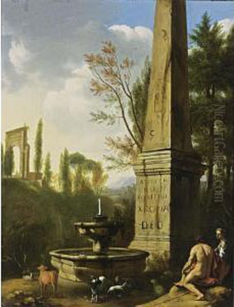 A Classical Landscape With Shepherds Resting With Their Flock By A Fountain Near A Roman Obelisk - view 1