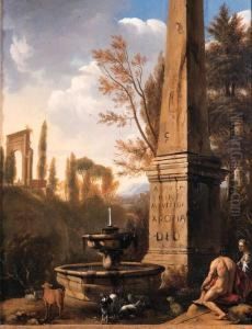 Shepherds Resting By A Fountain And An Obelisk In An Arcadianlandscape