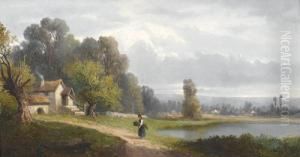 Landschaftspartie Mit Gehoft An See.