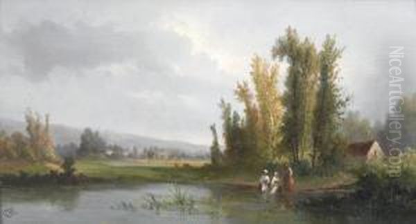 Wascherinnen An Teich In Ebener Landschaft. - view 1