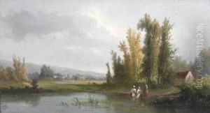 Wascherinnen An Teich In Ebener Landschaft. by Henry Van Brunt