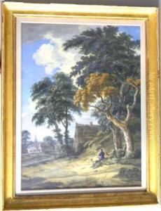 Landscape Of A Man With A Dog On A Hill Overlooking Avillage by Hermanus Van Brussel