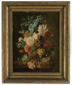 A Still Life With Roses, Carnations, Tulips And Poppies In An Urn And A Nest On A Stone Ledge by Paul-Theodor Van Brussel