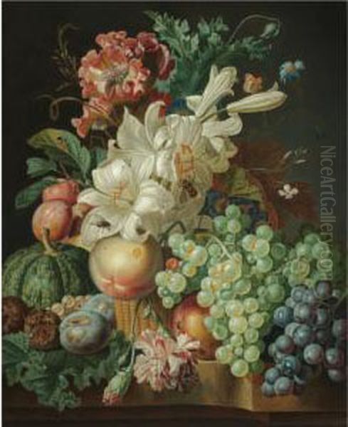 Still Life With Lilies, Carnations And A Poppy In A Wicker Basket,with Grapes, Medlars, Plums, Gooseberries And A Melon On The Marbleledge Beneath - view 1