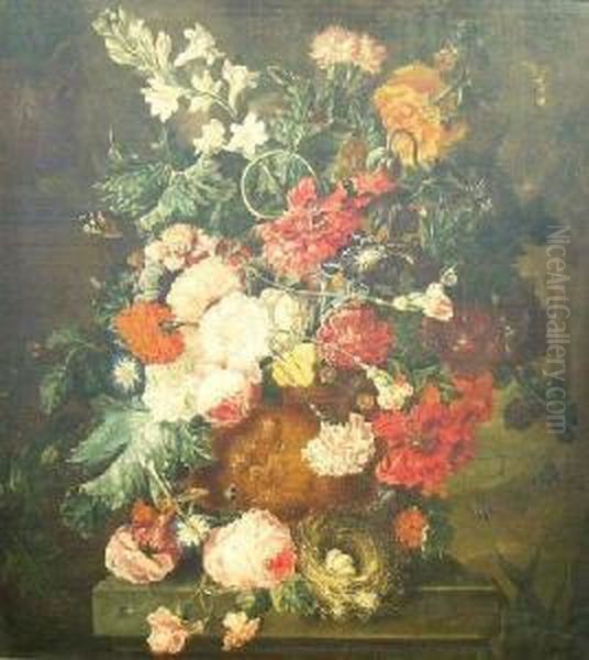 A Still Life Of Summer Flowers, Roses, Carnations, Tulips Andpeonies In A Terra Cotta Figural Urn On A Stone Ledge With A Nestof Eggs And With Butterflies - view 1