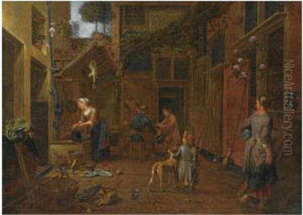 A Courtyard Scene With A Maid Washing Plates, Another Maid Carryingpots, A Young Boy With A Dog, Other Figures In The Background - view 1