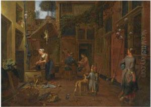 A Courtyard Scene With A Maid Washing Plates, Another Maid Carryingpots, A Young Boy With A Dog, Other Figures In The Background by Jan Van Buken