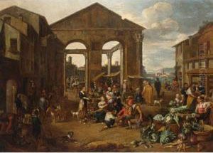 An Italianate Market Scene With Remnants Of A Roman Temple With A Harbour Beyond by Jan Van Buken