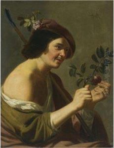 A Shepherd Wearing A Baret, Holding A Staff And A Plumbranch