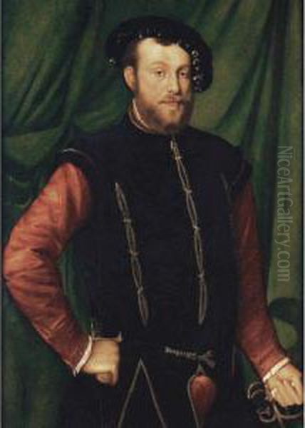 Portrait Of A Gentleman, Three-quarter Length, Wearing A Black Cap, A Black-slashed Singlet Over A Red Shirt, Holding A Sword And A Dagger And Standing Before A Green Curtain - view 1