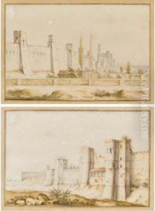 Two Views Of A Walled City, Possibly Carcassonne by Jan I van Call