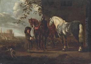 A Landscape With Three Horses Being Held By A Young Boy by Abraham Van Calraet
