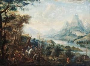 Figures Collecting Wood And Barges Approaching The Shore Before An Open River Landscape