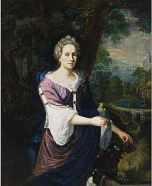 A Portrait Of A Lady, Standing Three-quarter Lenght Near Afountain, Wearing A Purple Dress With White Undergarment And A Blueshawl, Holding A Parrot On Her Right Hand, A Dog In Theforeground - view 1