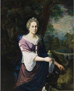 A Portrait Of A Lady, Standing Three-quarter Lenght Near Afountain, Wearing A Purple Dress With White Undergarment And A Blueshawl, Holding A Parrot On Her Right Hand, A Dog In Theforeground