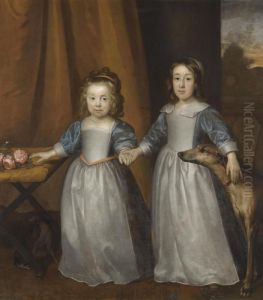 Portrait Of Two Young Girls On A Terrace With Two Hounds