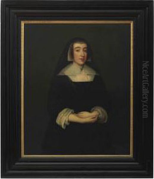 Circle Of Cornelius Johnson
Portrait Of A Lady, Three-quarter-length Standing, Wearing A Black Dress With A White Collar And A Black Veil - view 1